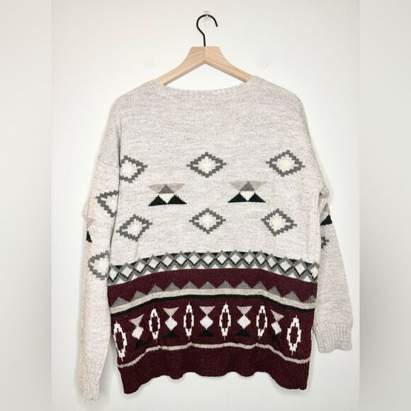 American Eagle Wool Blend Sweater in Tan and Maroon Aztec Print - Size L - Picture 3 of 5